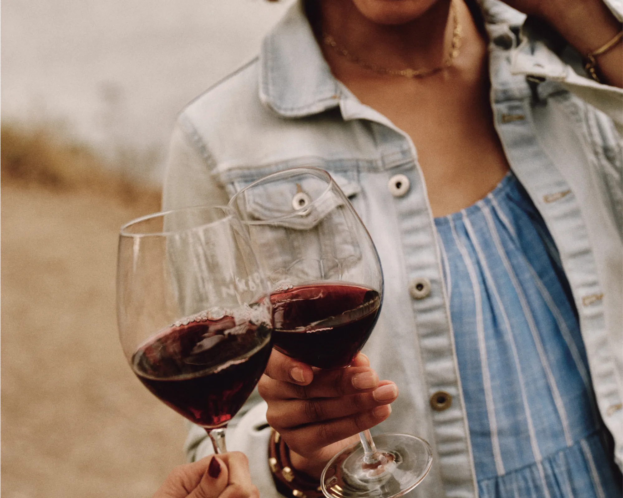 Woman clinking red wine glasses with her friend.