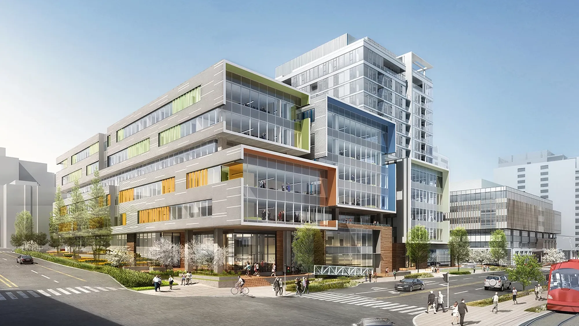 Corner building set against a city scape