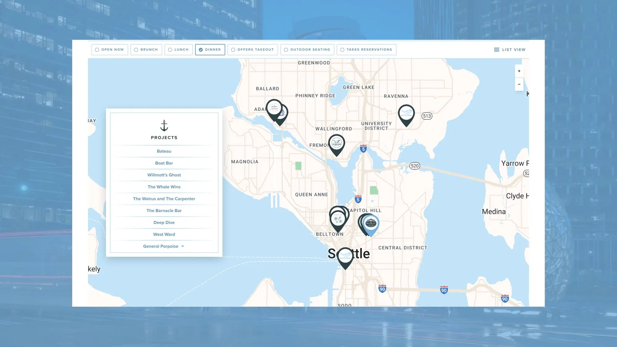 Map of Seattle with pinned project locations for Sea Creatures