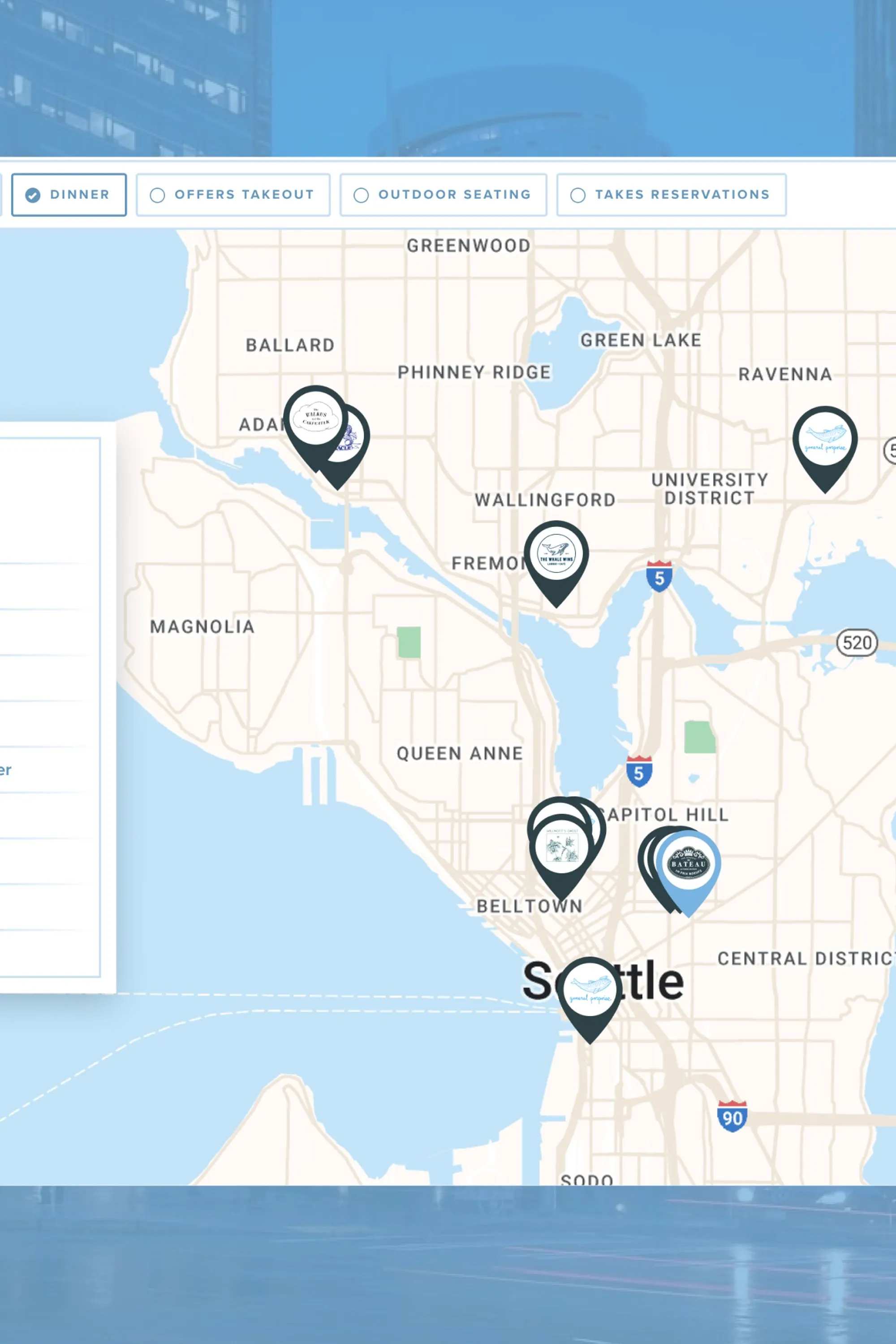 Map of Seattle with pinned project locations for Sea Creatures