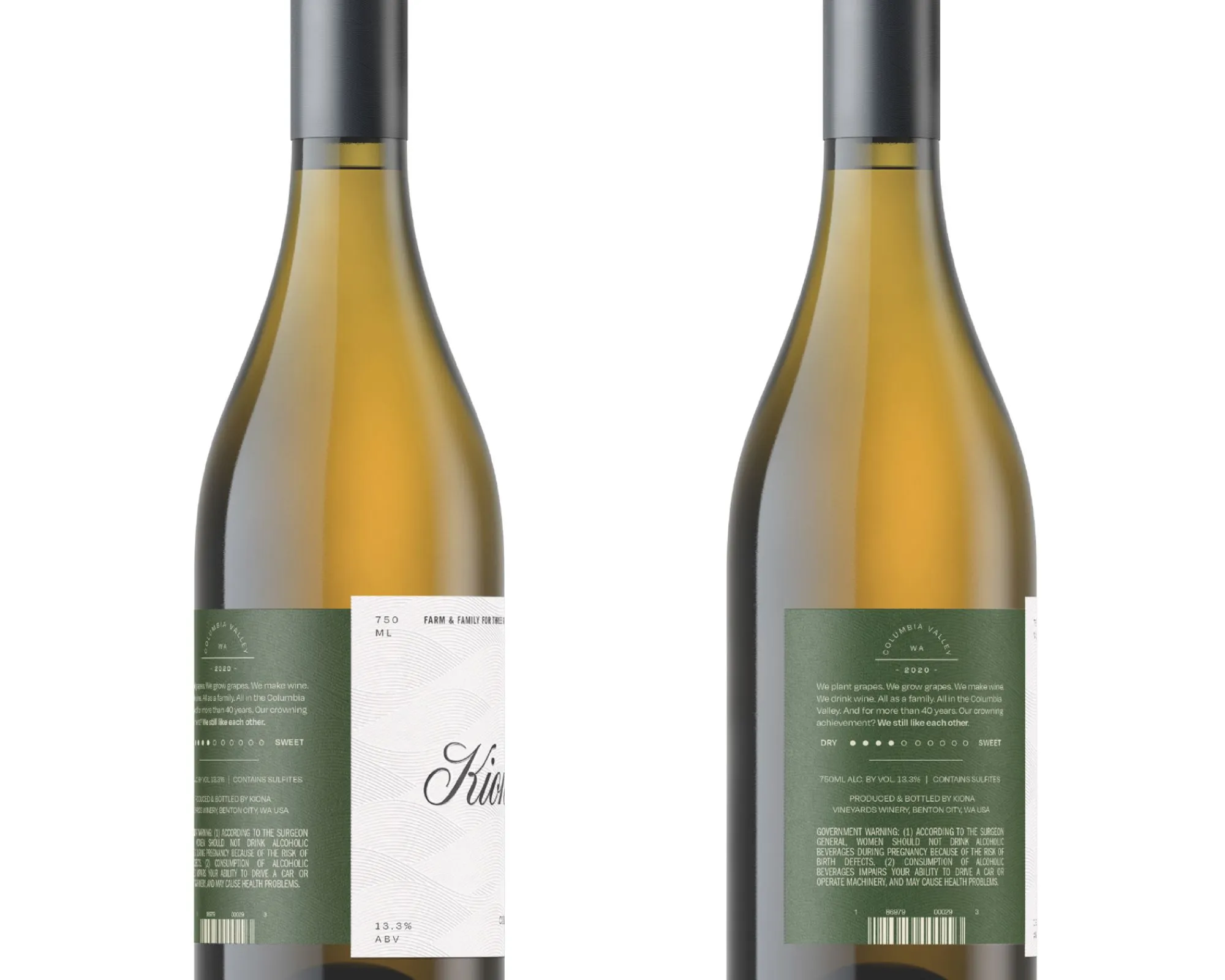 Two images of different angles of a wine bottle label